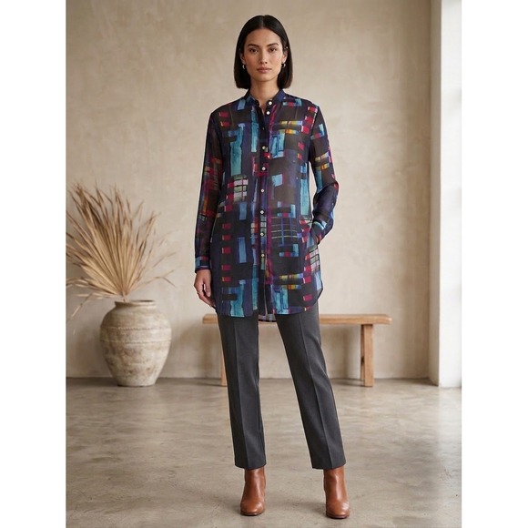 Go Silk Tops - Go Silk Tunic Shirt Womens S Abstract Print Sheer Long Sleeve Art Layering Bold